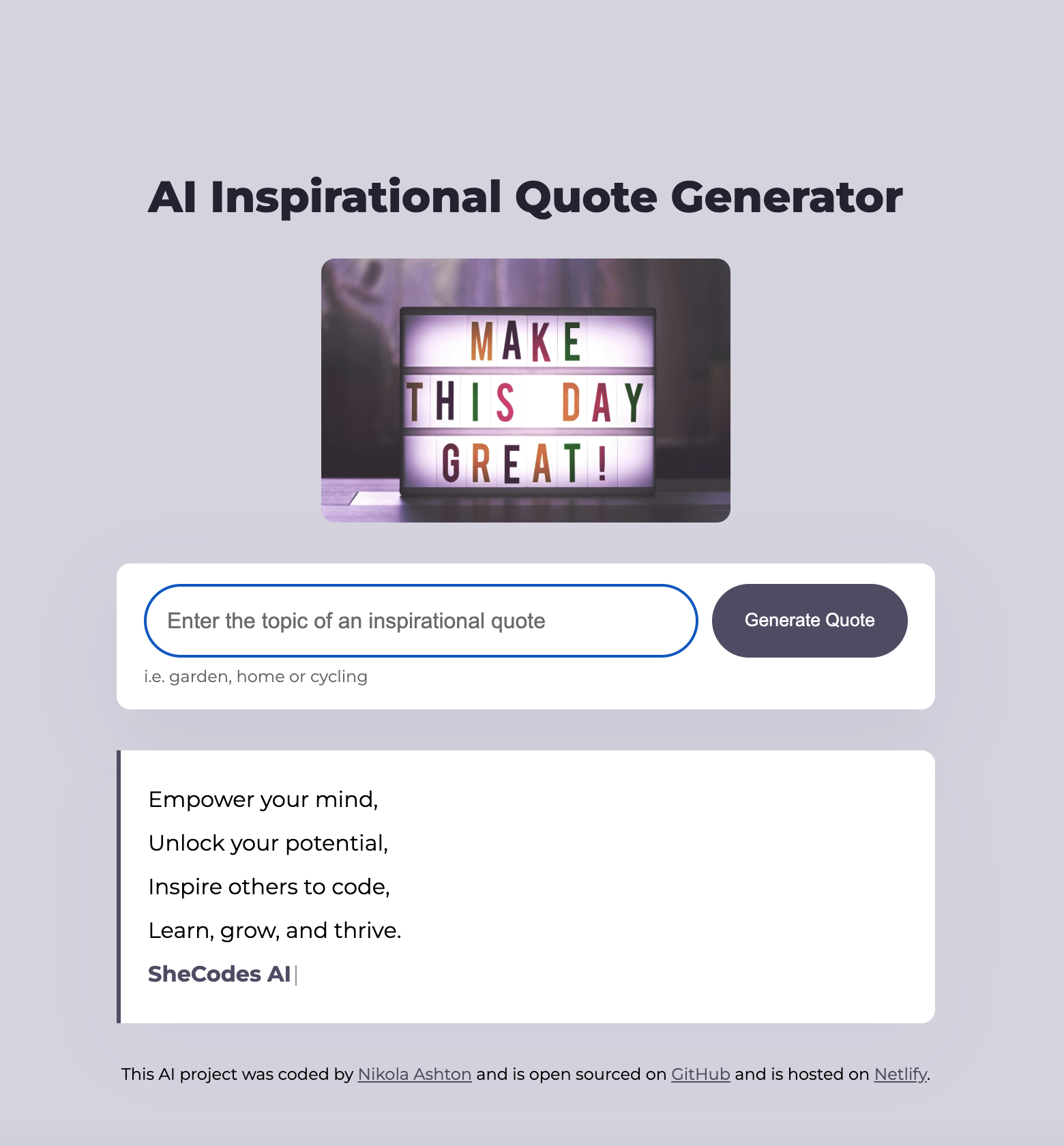 AI Content Generator Live Site Preview - Developed by Nikola Ashton