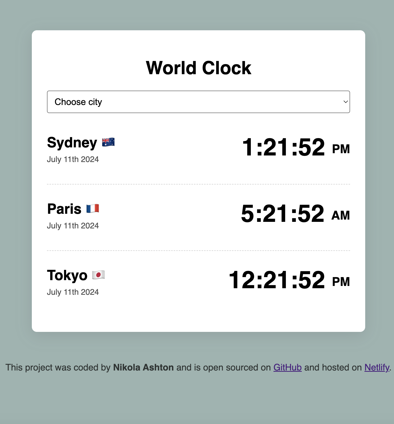 Multi-Time Zone Clock Live Site Preview - Developed by Nikola Ashton