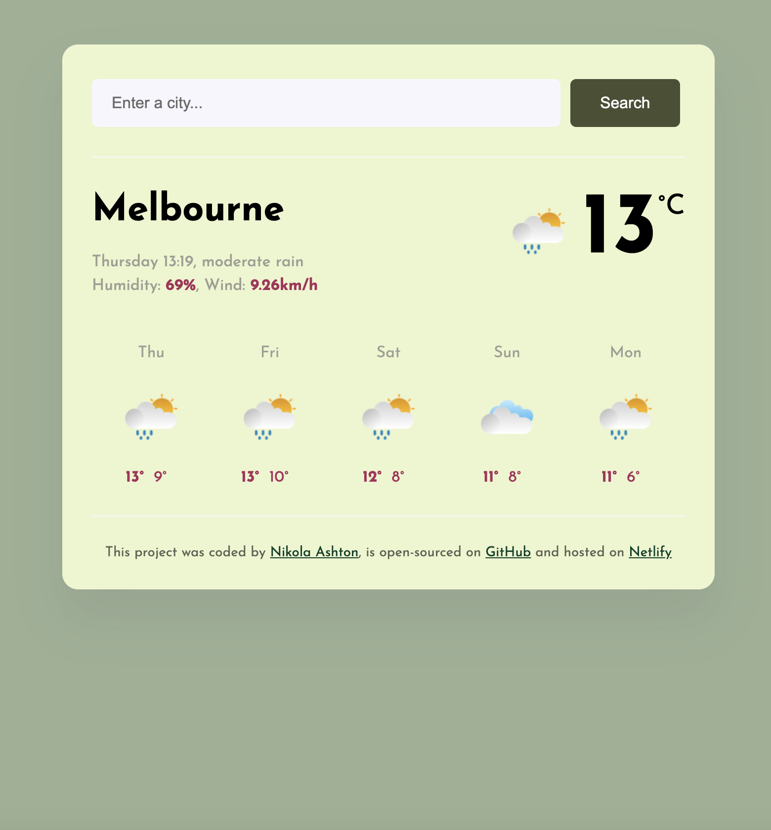 Weather App Website Screenshot - Web Development Project by Nikola Ashton